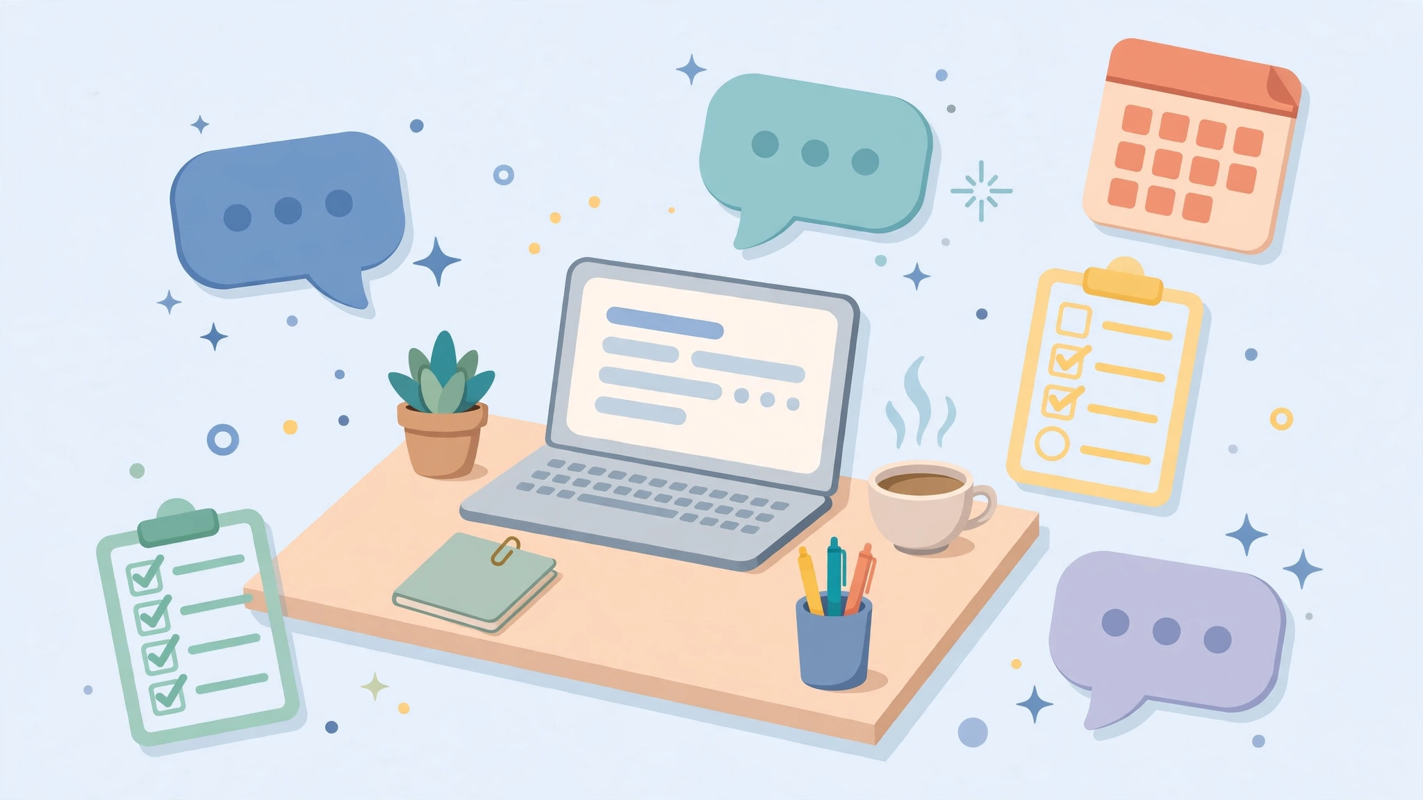 Illustration of AI productivity assistants helping organize work tasks on a desk