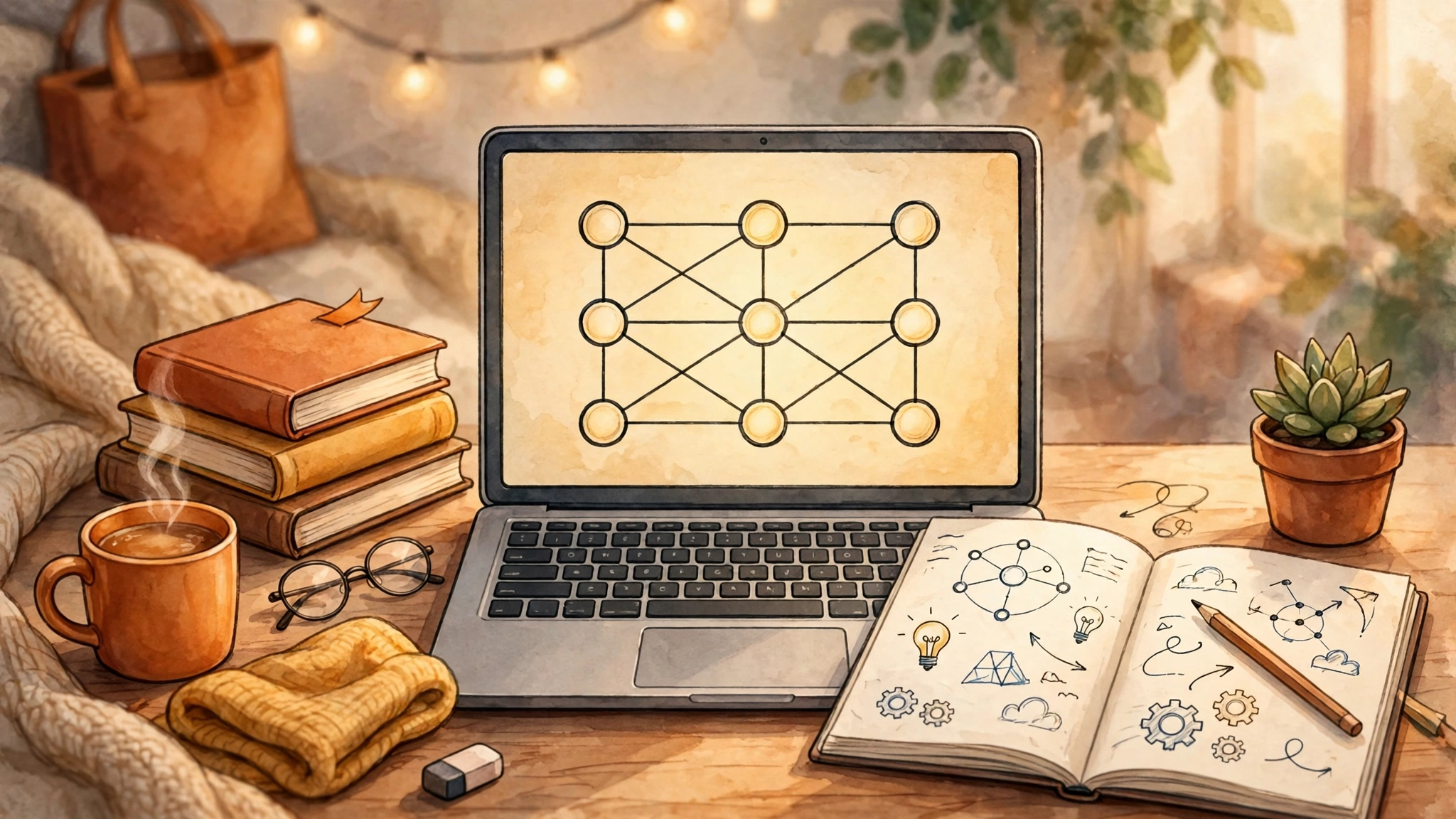 Beginner learning machine learning with a laptop showing a neural network diagram