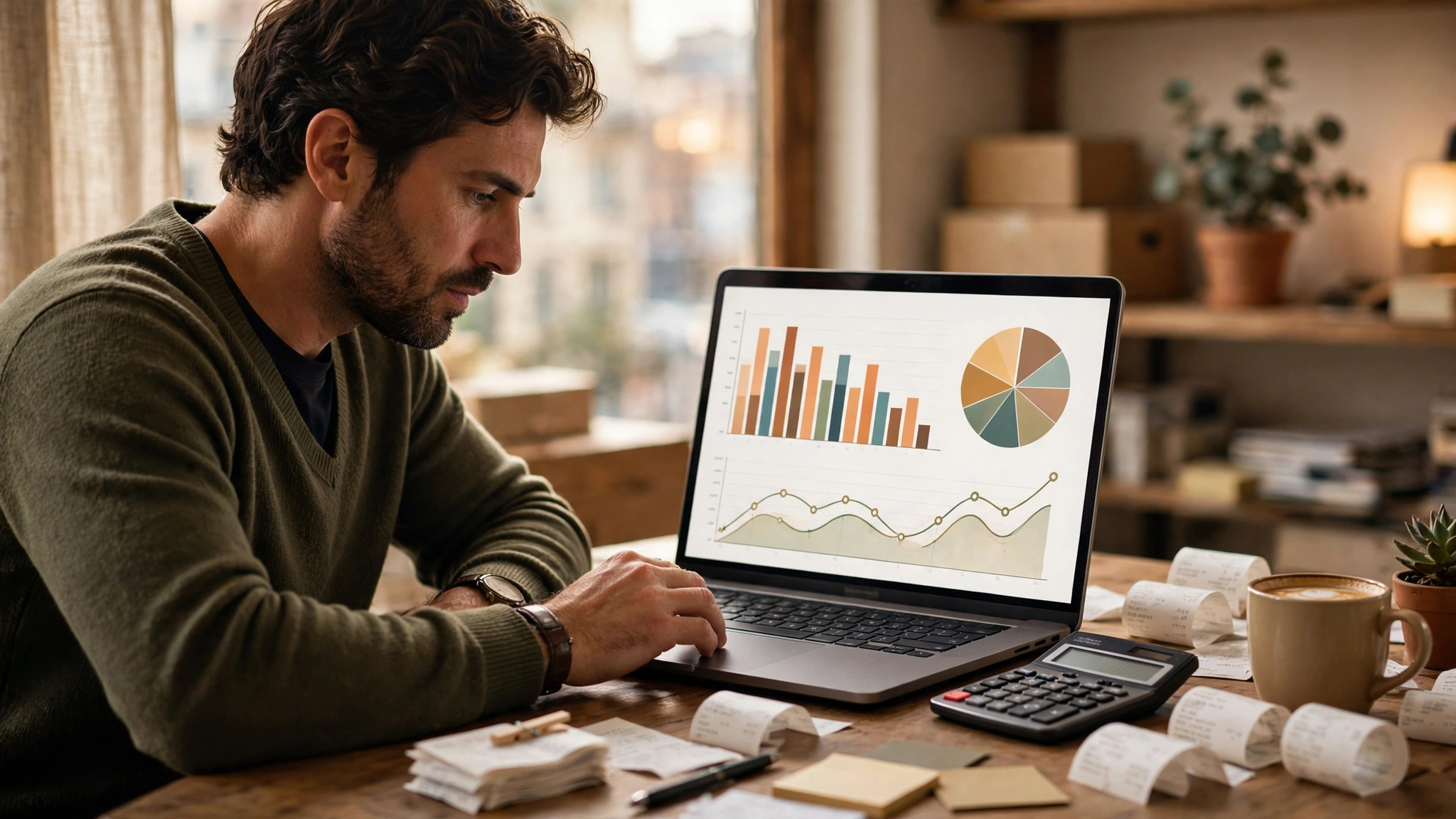 Small business owner reviewing accounting reports on a laptop
