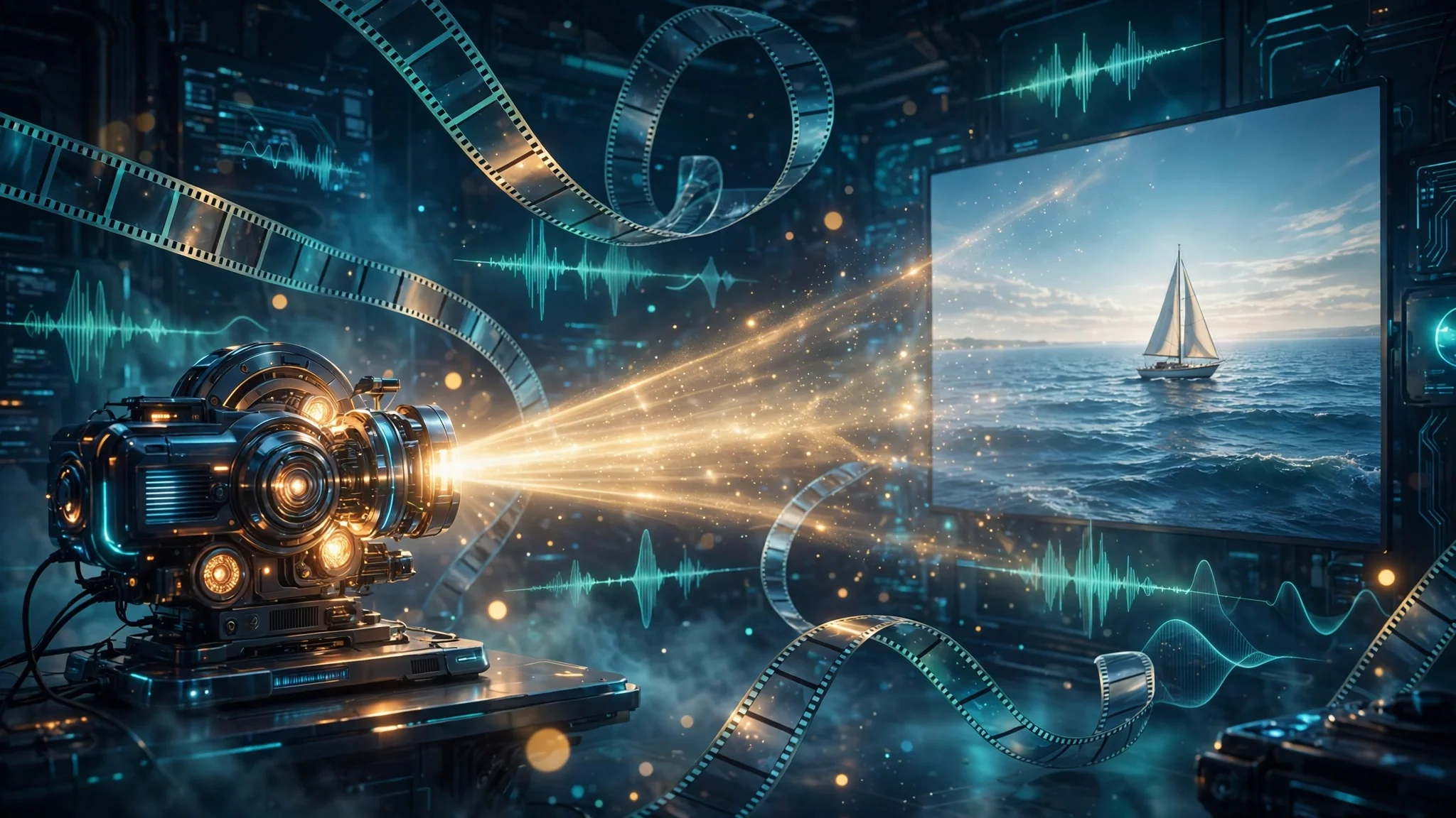 A glowing projector beaming a cinematic AI-generated ocean scene onto a large screen, illustrating Google Veo 3's text-to-video generation with sound