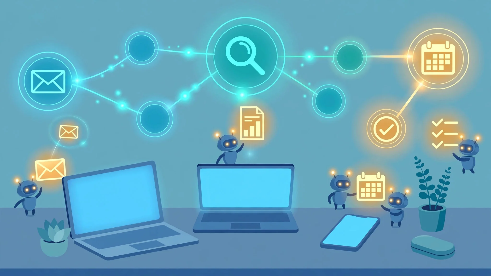 Illustration of small AI robots managing automated workflows across email, research, and calendar tasks on laptops