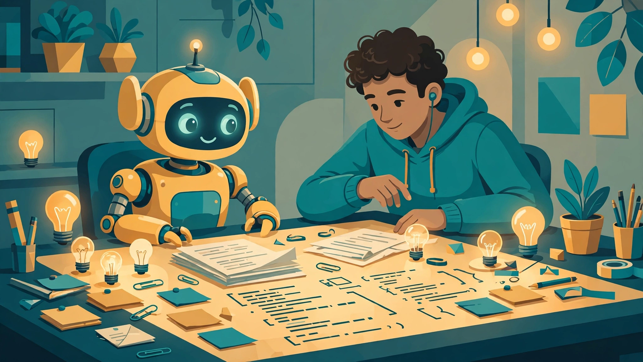 Robot assistant and person working together at a desk with documents, sticky notes, and glowing lightbulbs — illustration of the best tasks for generative AI