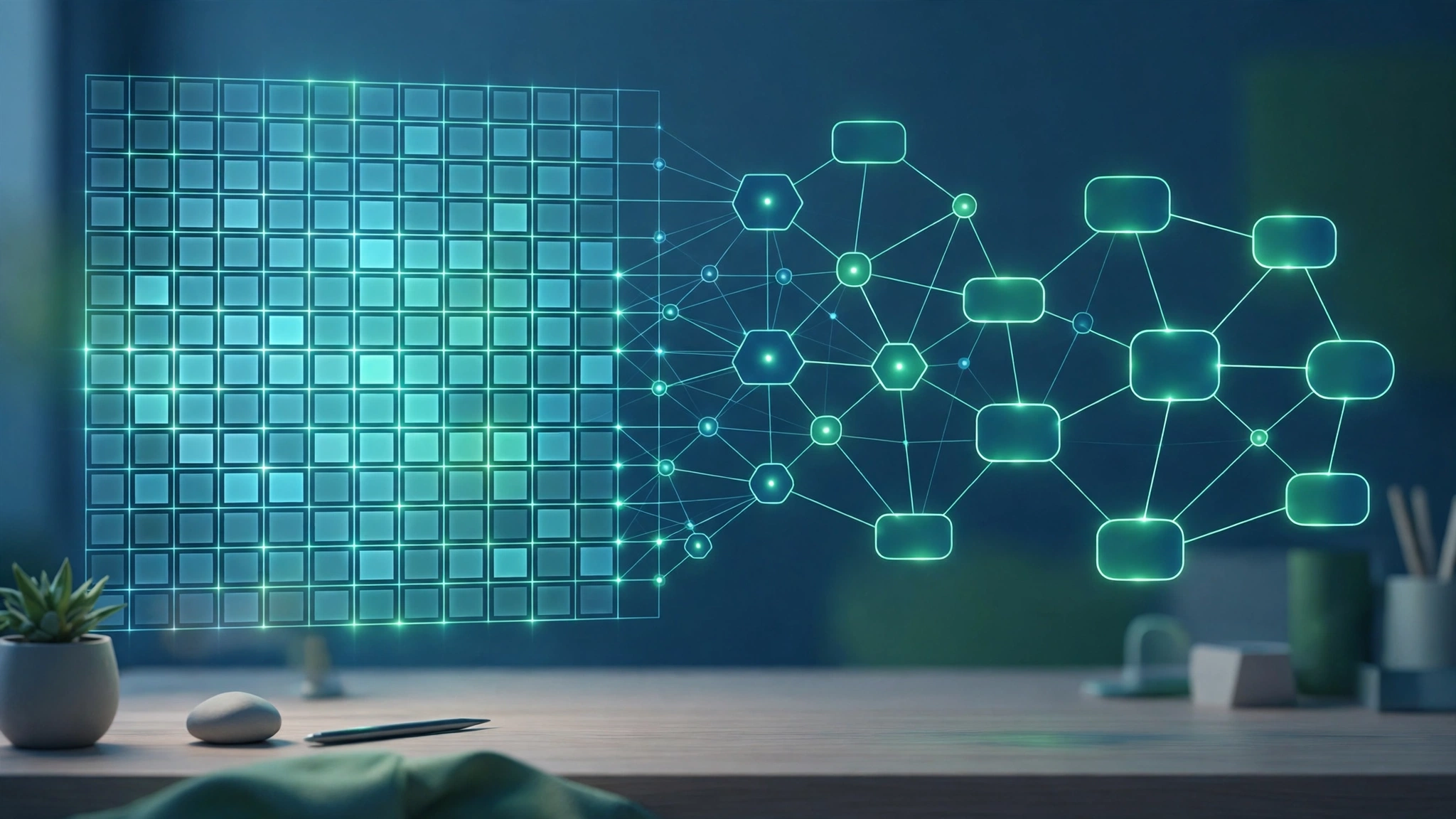 Spreadsheet grid transforming into a connected database network, illustrating an honest Airtable review for 2027