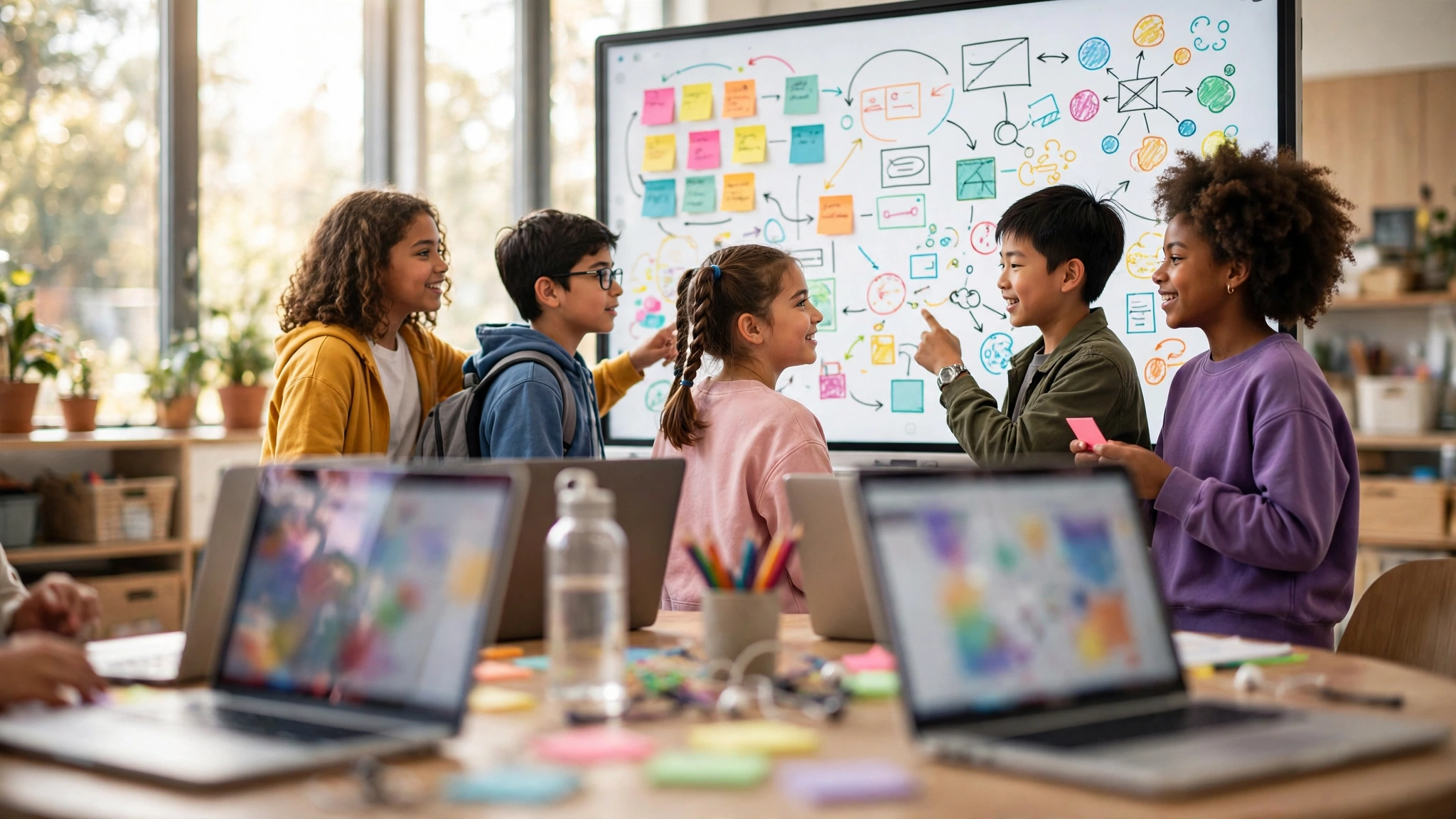 Students collaborating around a digital whiteboard with sticky notes during a group class project