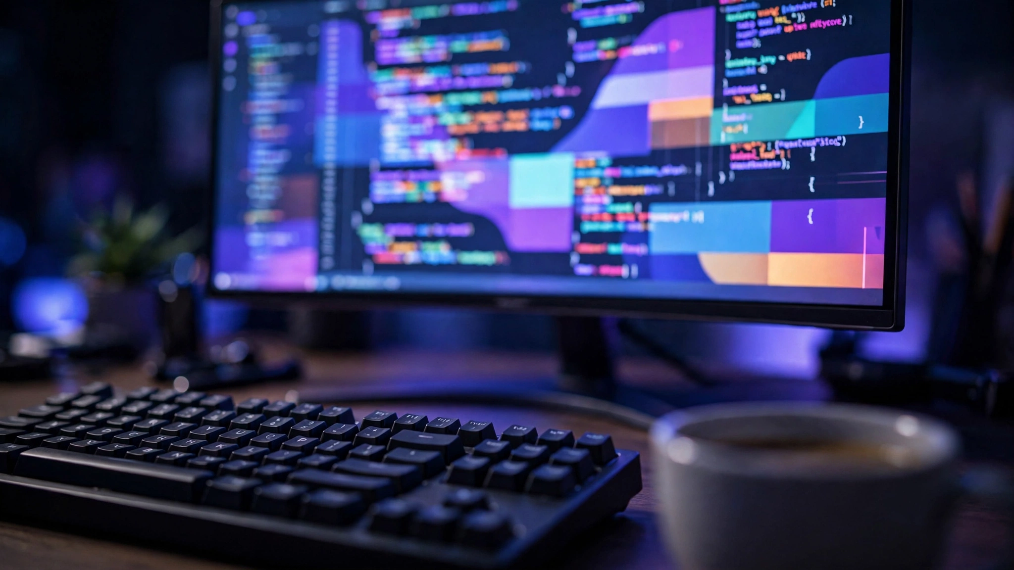 Developer workspace with a monitor showing colourful syntax-highlighted code in 2027