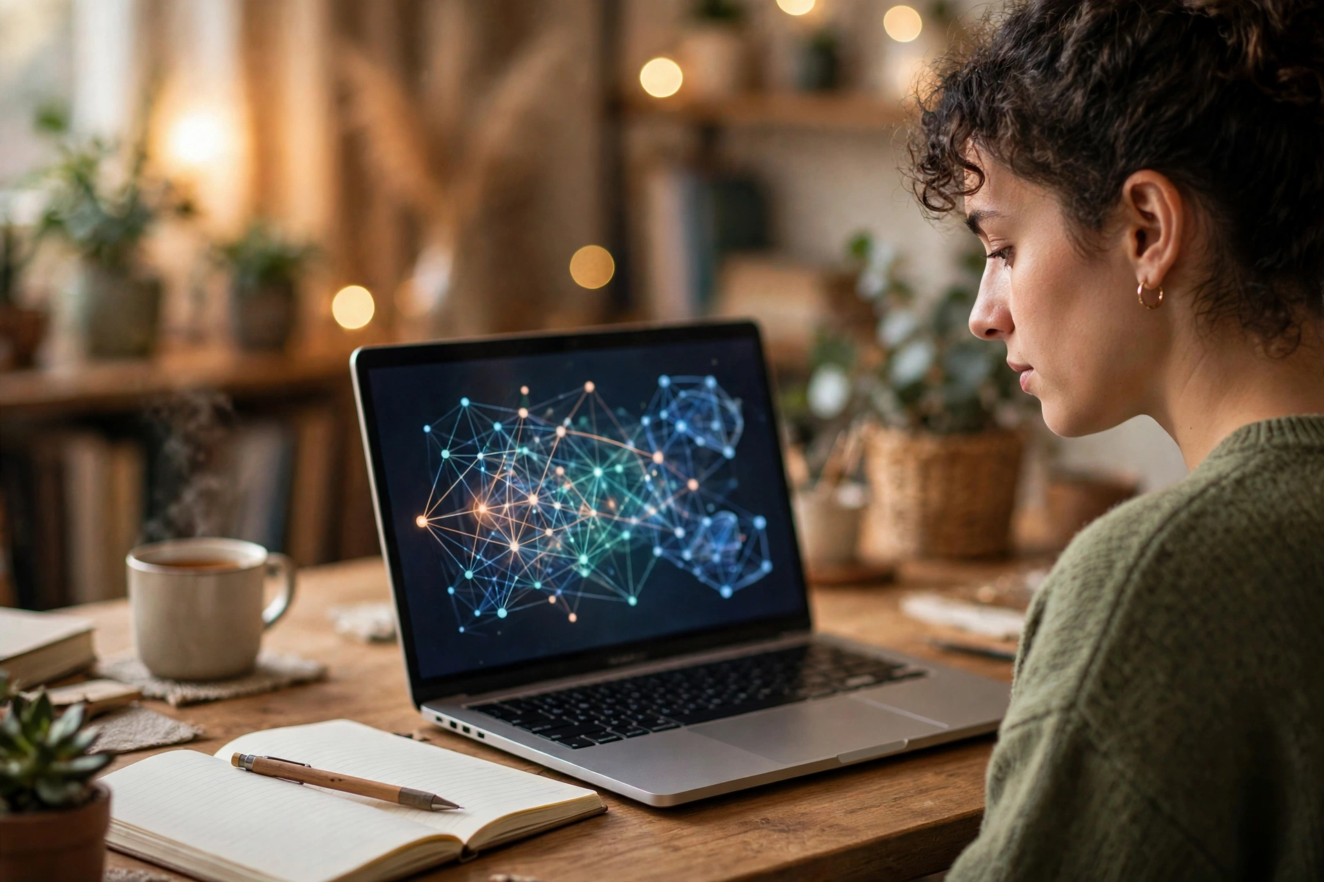 Person watching an online AI course on a laptop in a home office in 2027