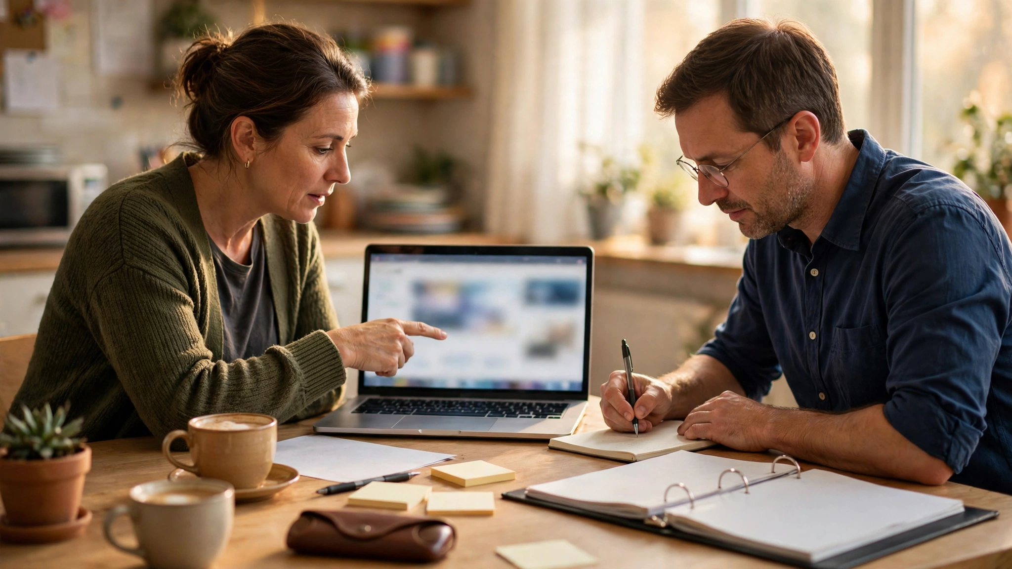 Two teachers co-planning a lesson together on a laptop in a school staff room in 2027