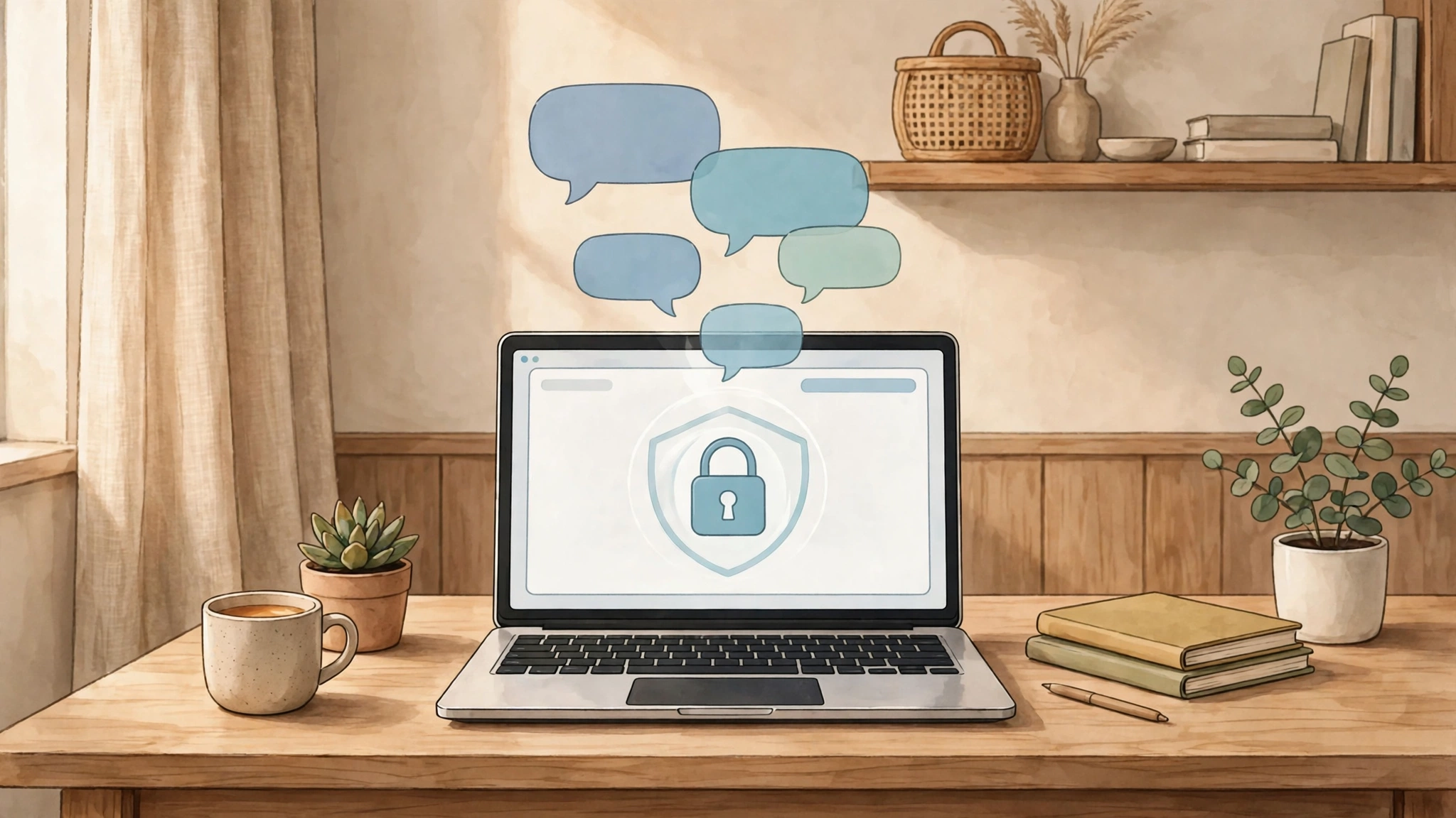 Open laptop running a private local AI assistant with a padlock and chat bubbles, no text, in 2027