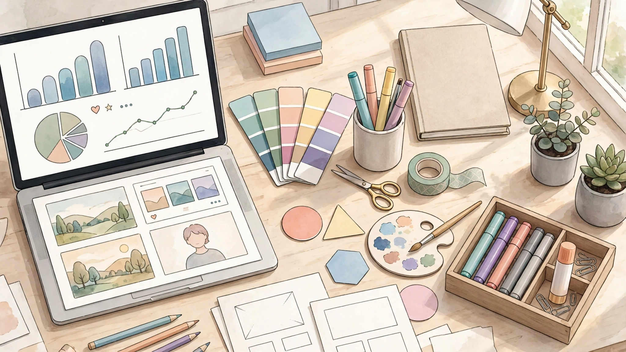 Marketer's desk with laptop showing campaign charts and social posts beside design tools, no text, in 2027