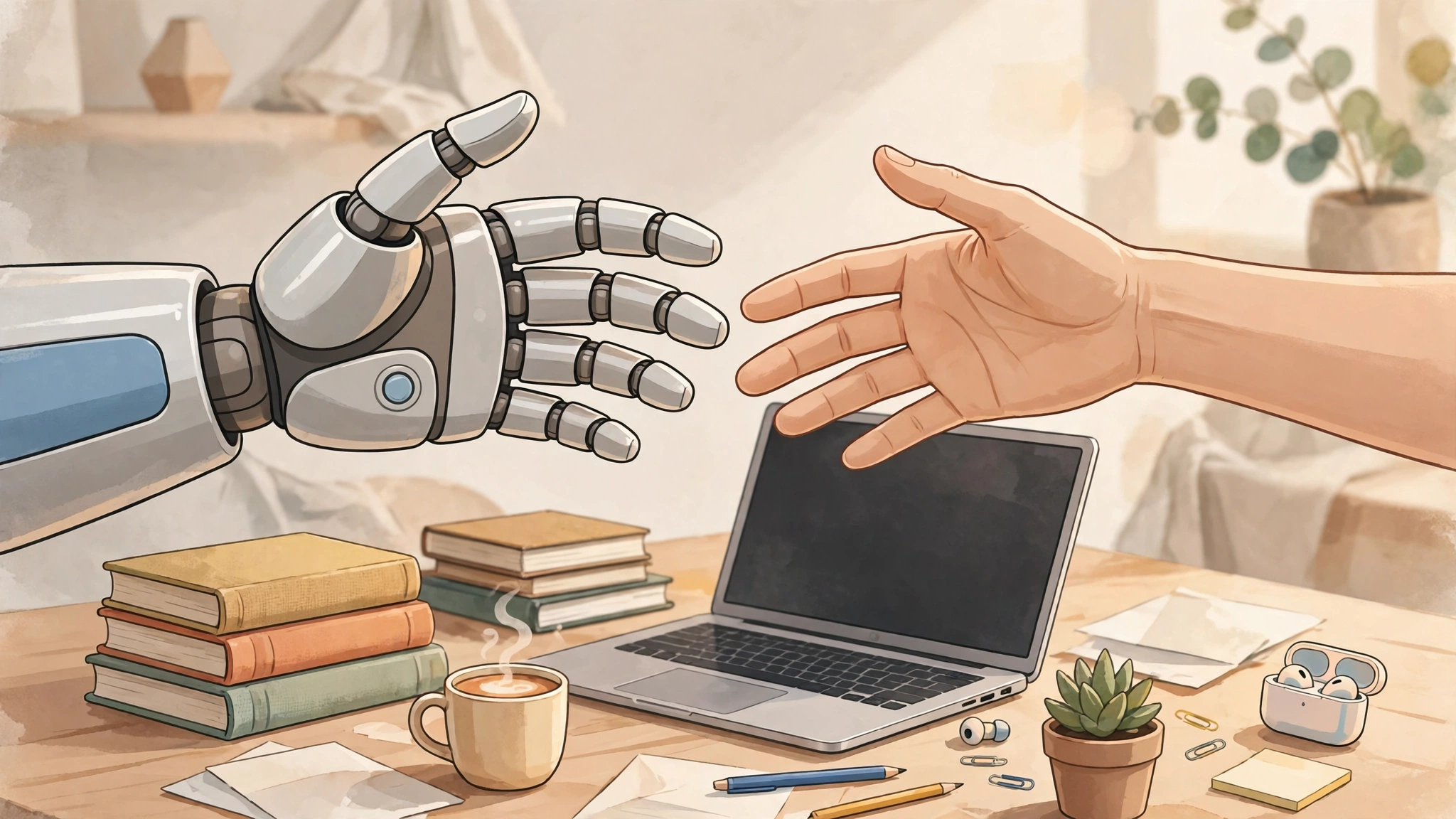 Friendly robot hand and human hand reaching toward each other over everyday objects like books and a laptop, no text, in 2027