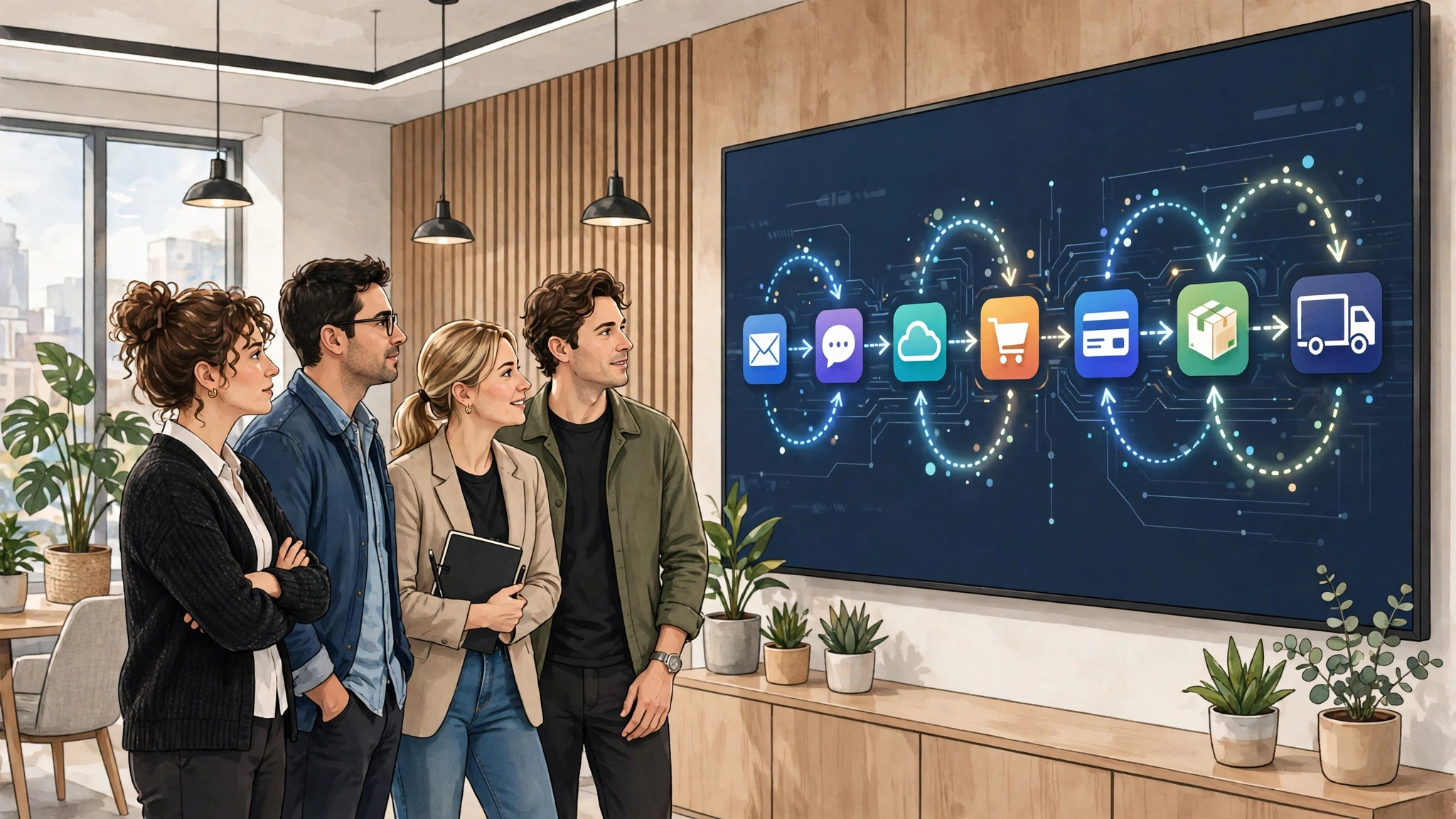 Small business team watching automated workflow steps move between apps on a large screen, no text, in 2027