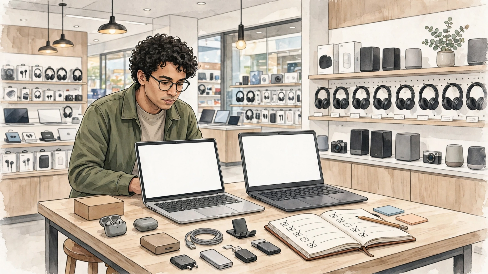 Shopper comparing two laptops side by side on a store table with a checklist notebook, no text, in 2027