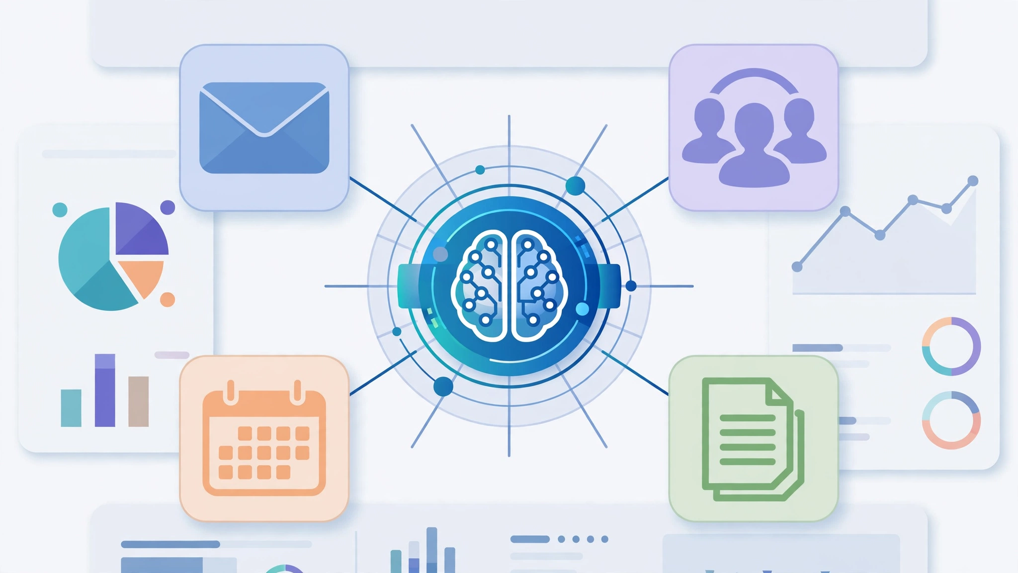 AI agent hub connecting icons for email, CRM, calendar and documents on a business dashboard, no text, in 2027