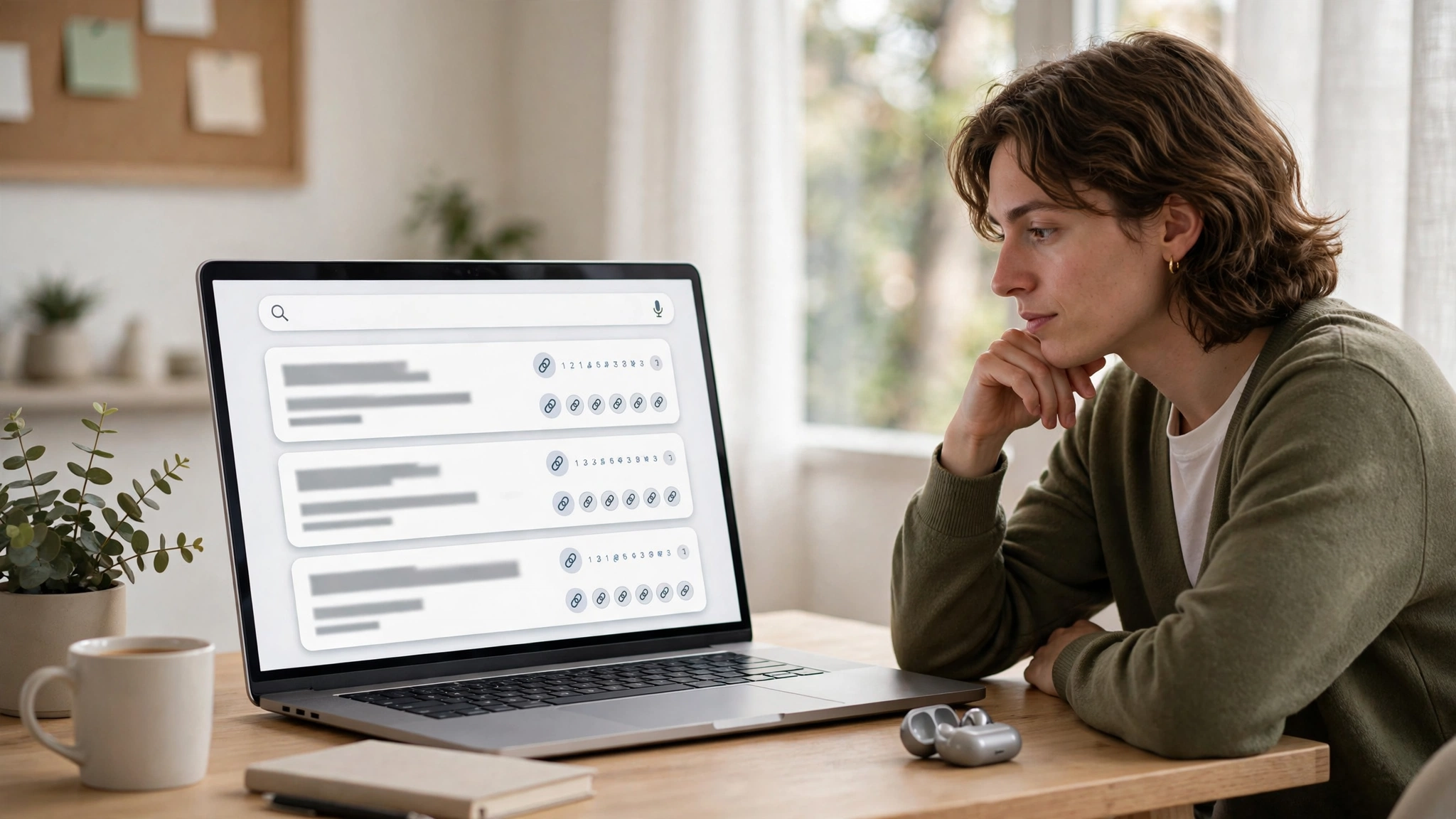 Person asking a question on a laptop showing cited AI search answers with source links, no text, in 2027