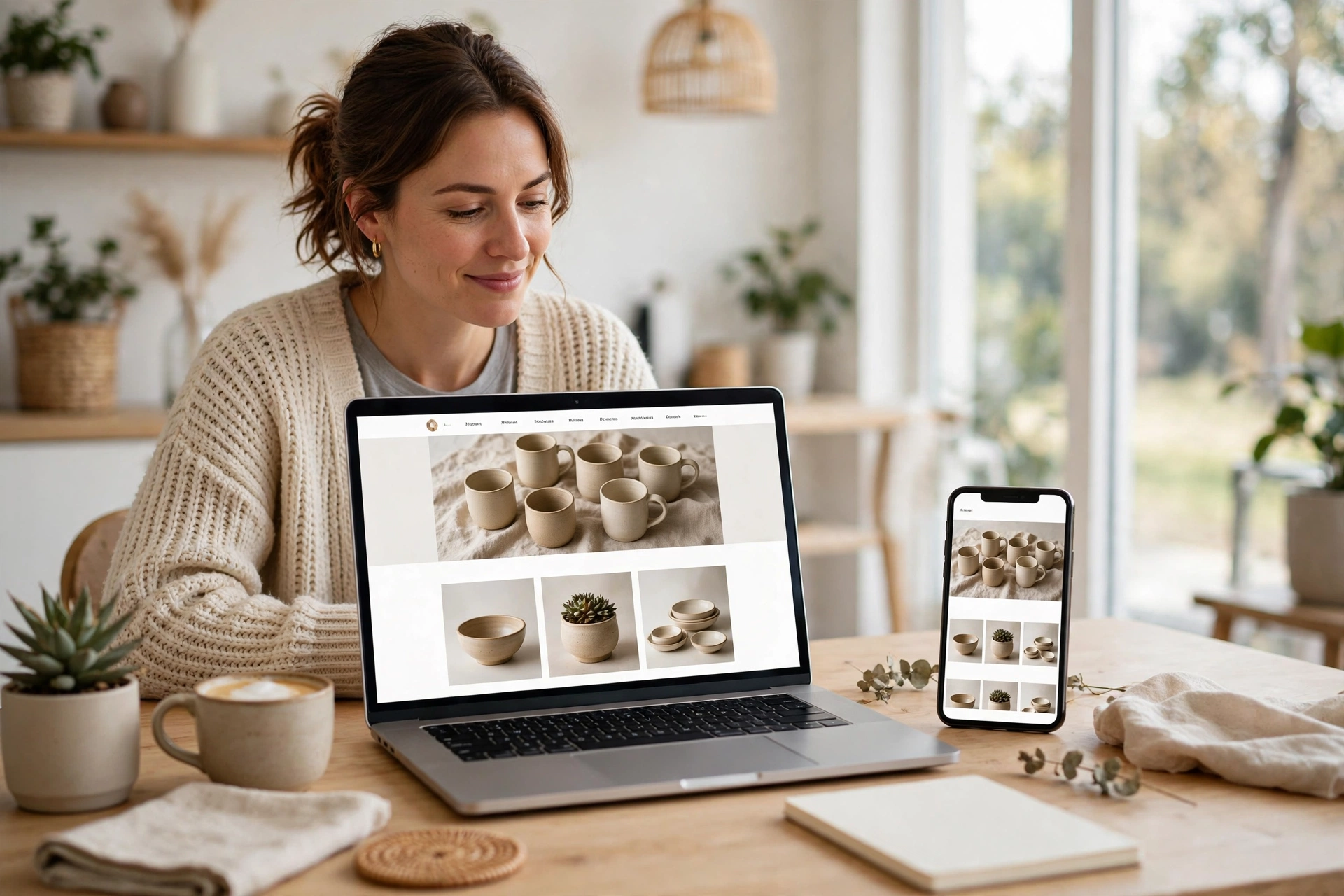 Small business owner previewing a freshly built website on a laptop beside a phone showing the same site, no text, in 2027