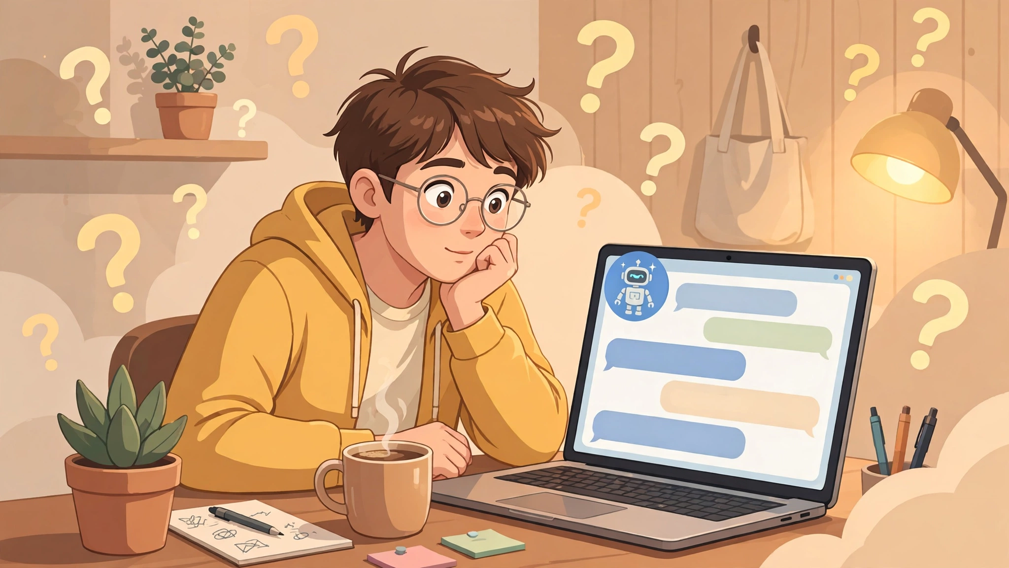 Curious beginner surrounded by floating question marks above a laptop showing a friendly AI chat, no text, in 2027