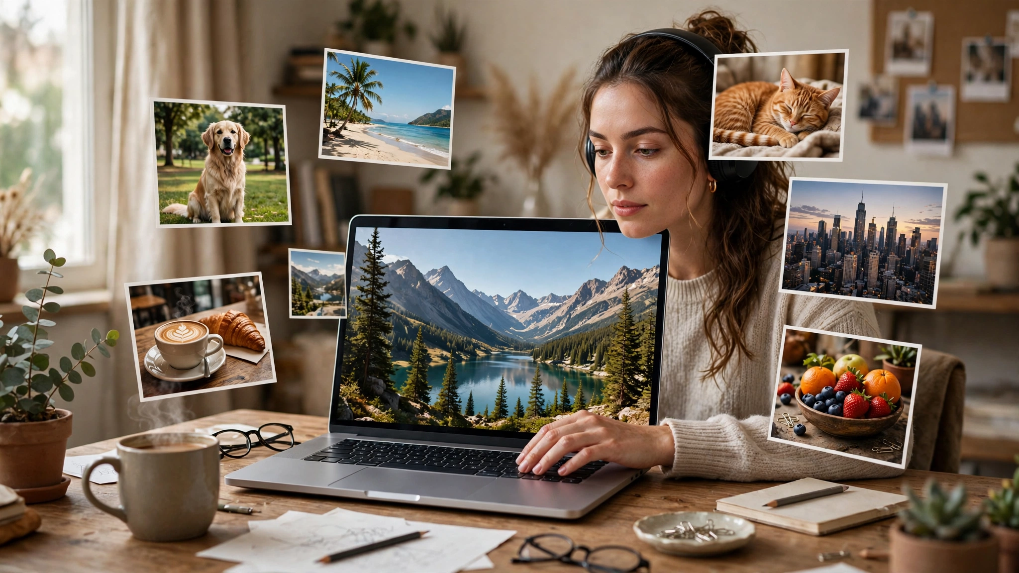 A creator comparing AI-generated photo styles on a laptop screen, realistic portrait, colourful illustration and product shot side by side, no text