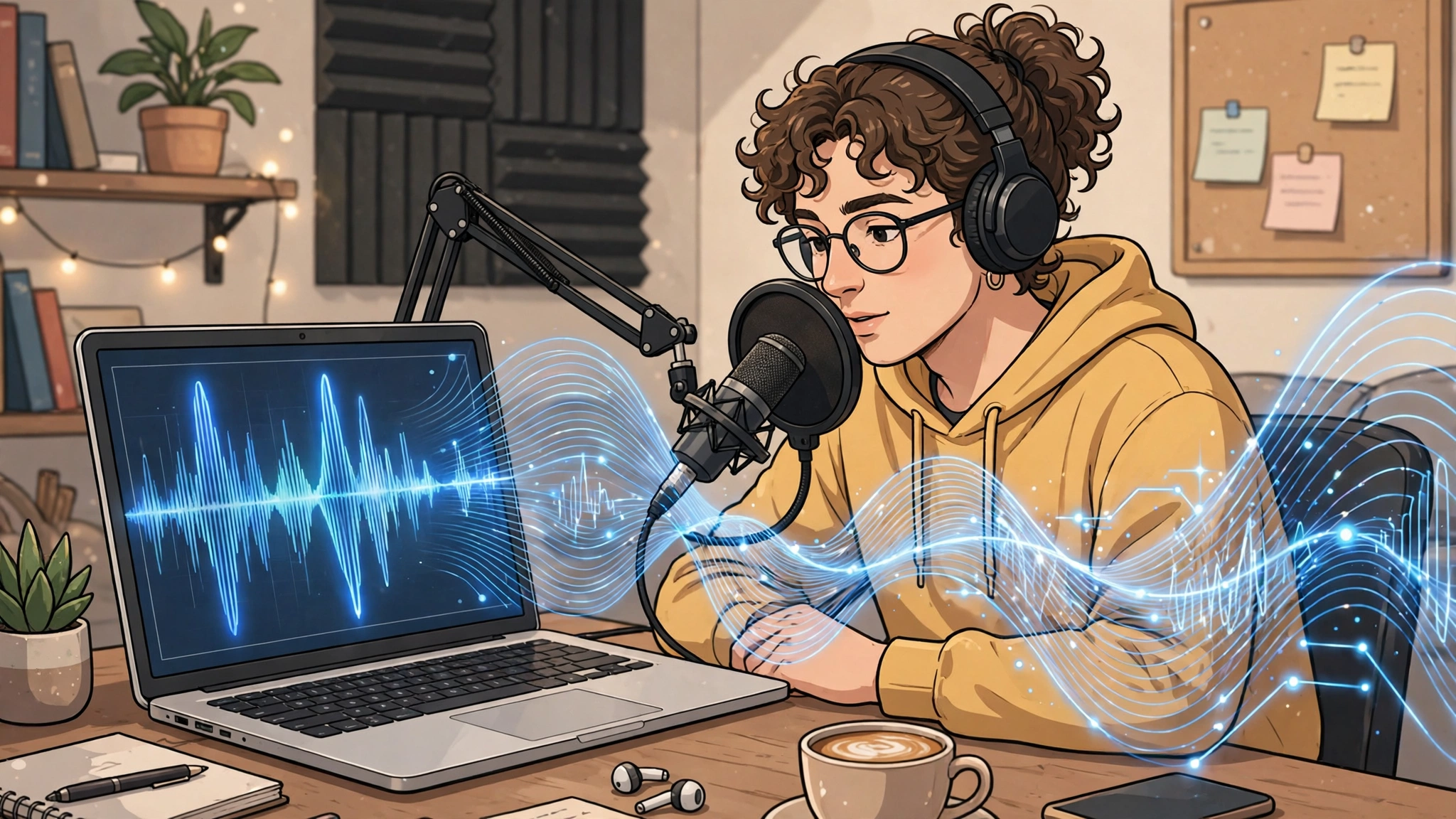Podcaster recording narration with a microphone and headphones beside a laptop showing an audio waveform, no text, in 2027