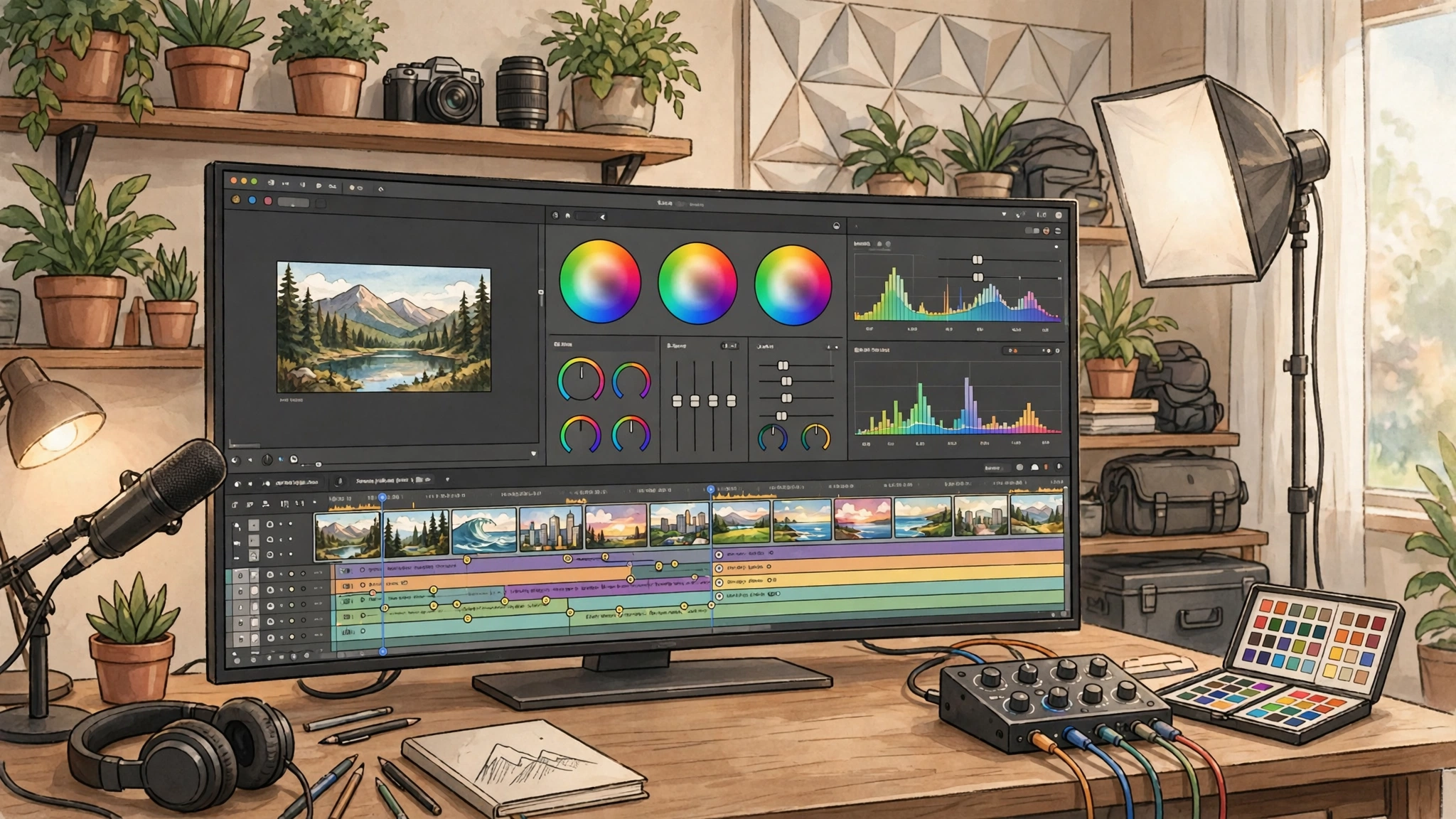 Best free video editing software: creator editing a video on a laptop timeline beside a phone and camera on a desk, no text, in 2027