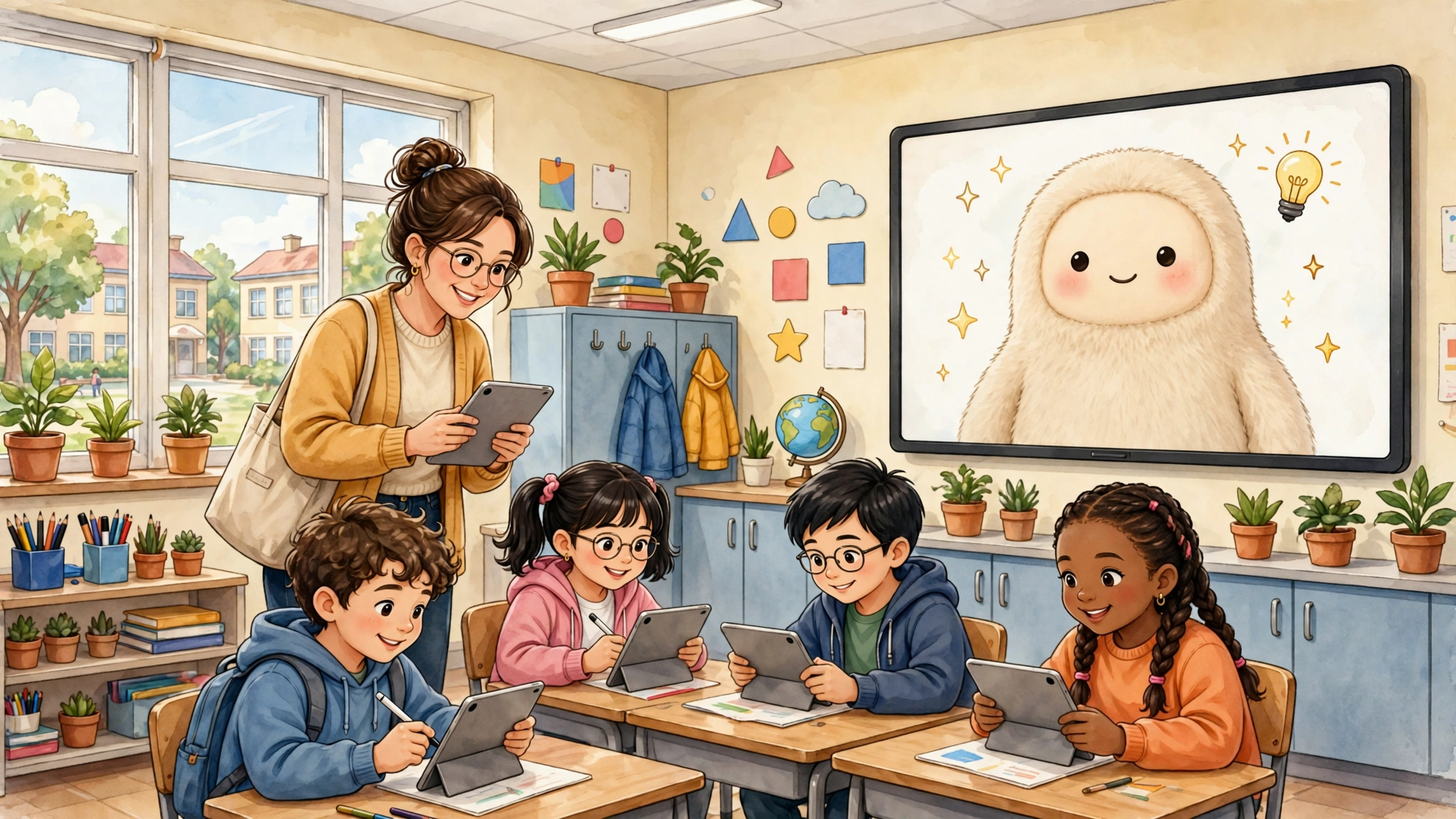 A teacher and students in a bright modern classroom using laptops and a tablet, with the teacher helping one student, no text, in 2027