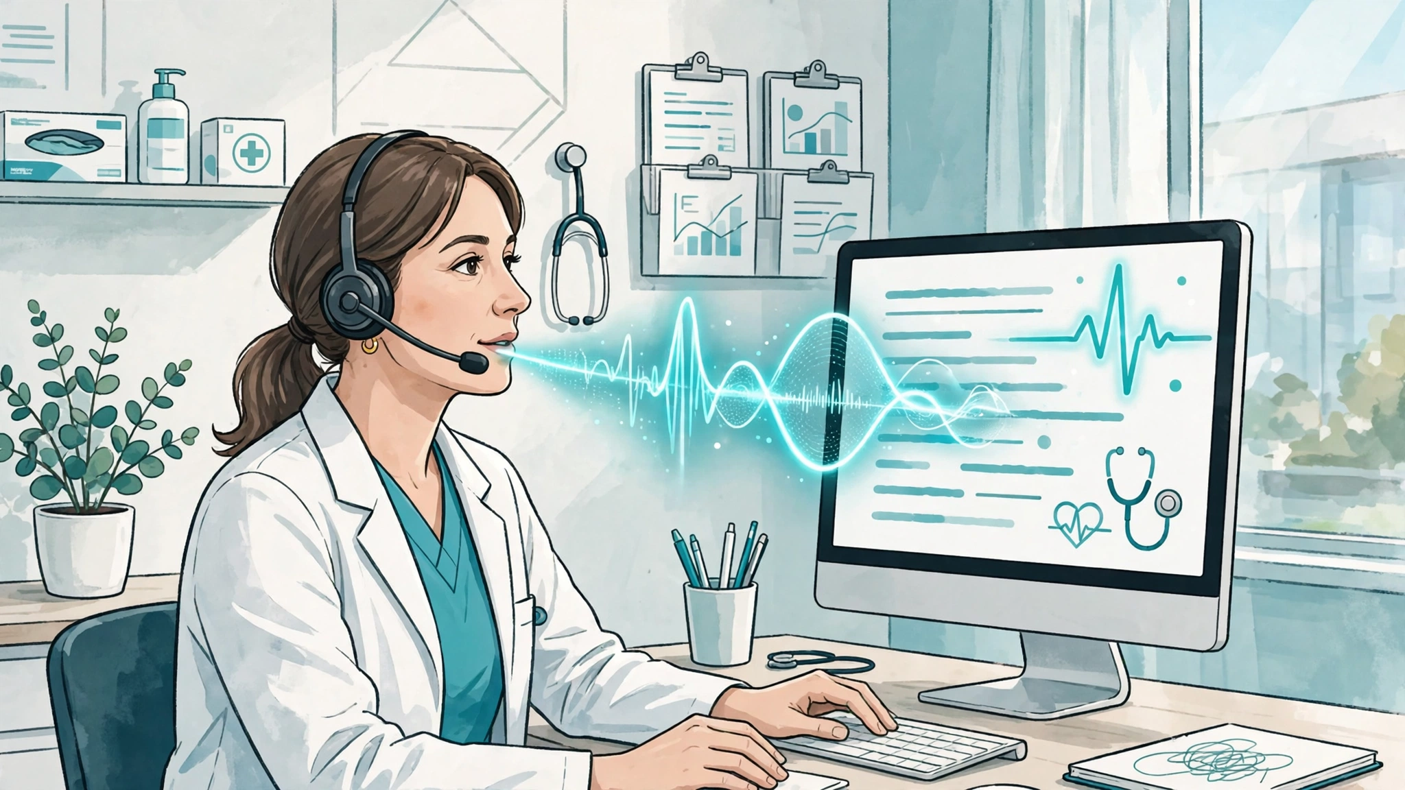 Doctor using medical dictation software with voice waveform