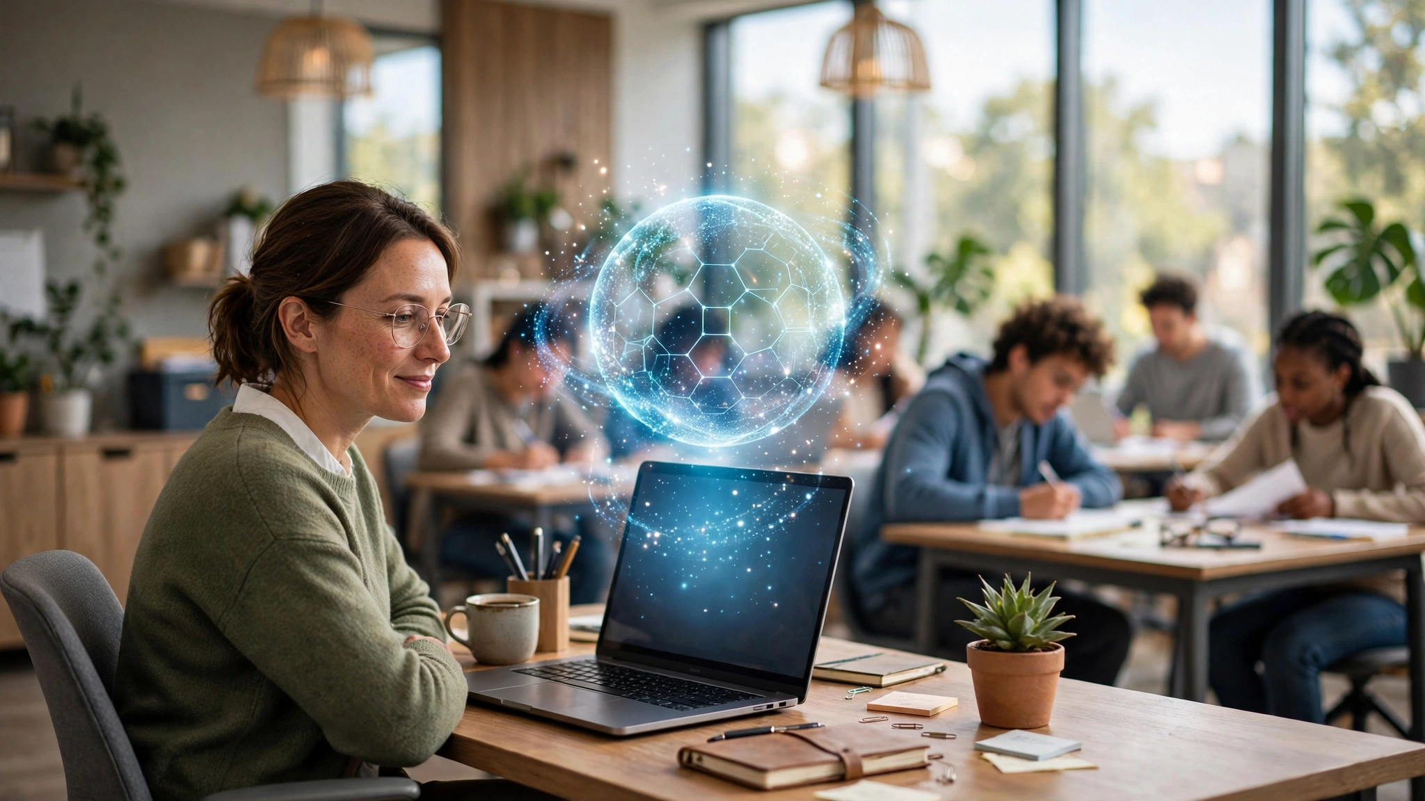 Teacher using school AI chatbots on a laptop in a modern classroom