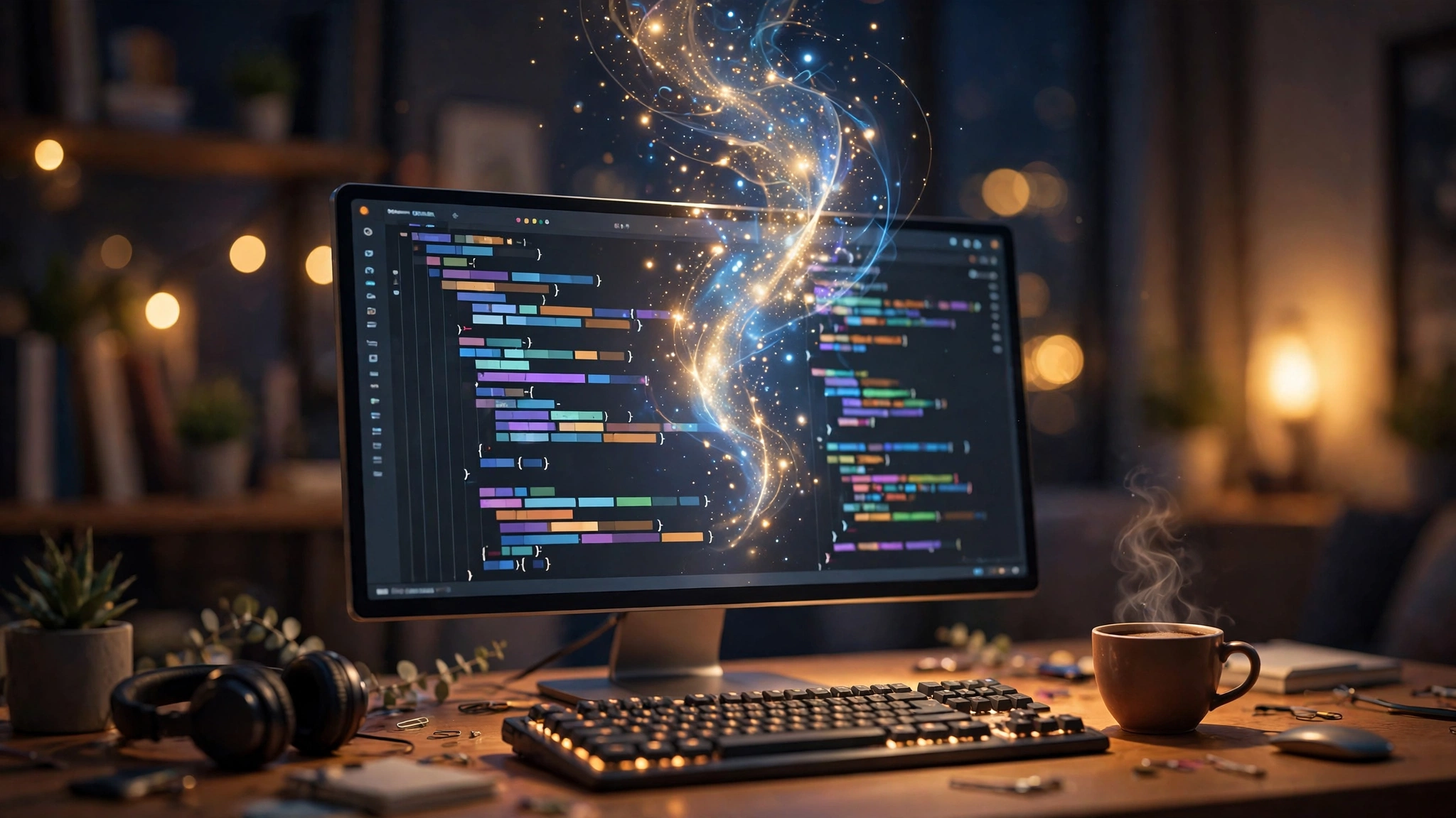 AI tools for coding assist a developer at a glowing code editor workstation