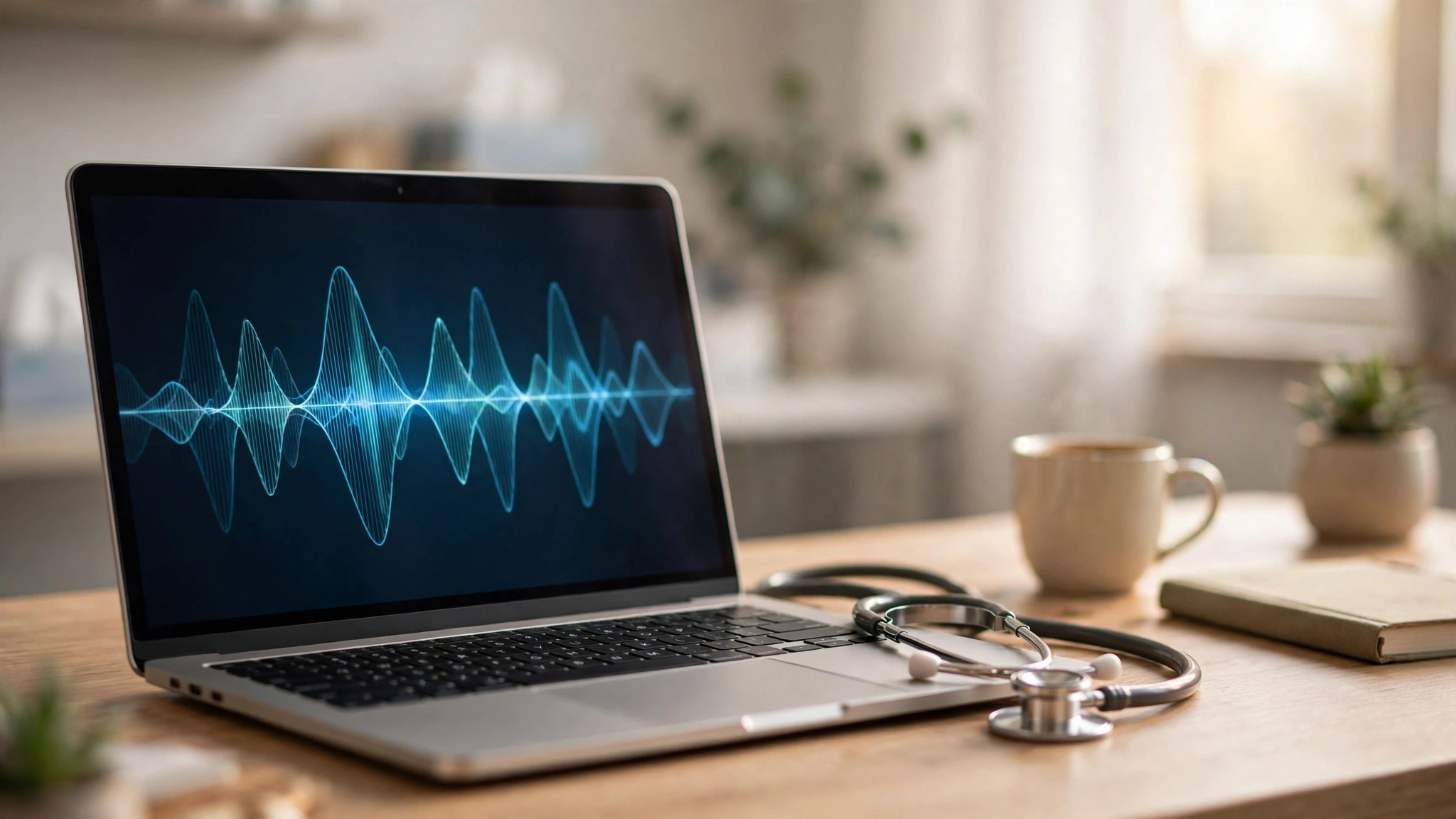 Doctor reviewing the best medical dictation software options on a clinic workstation